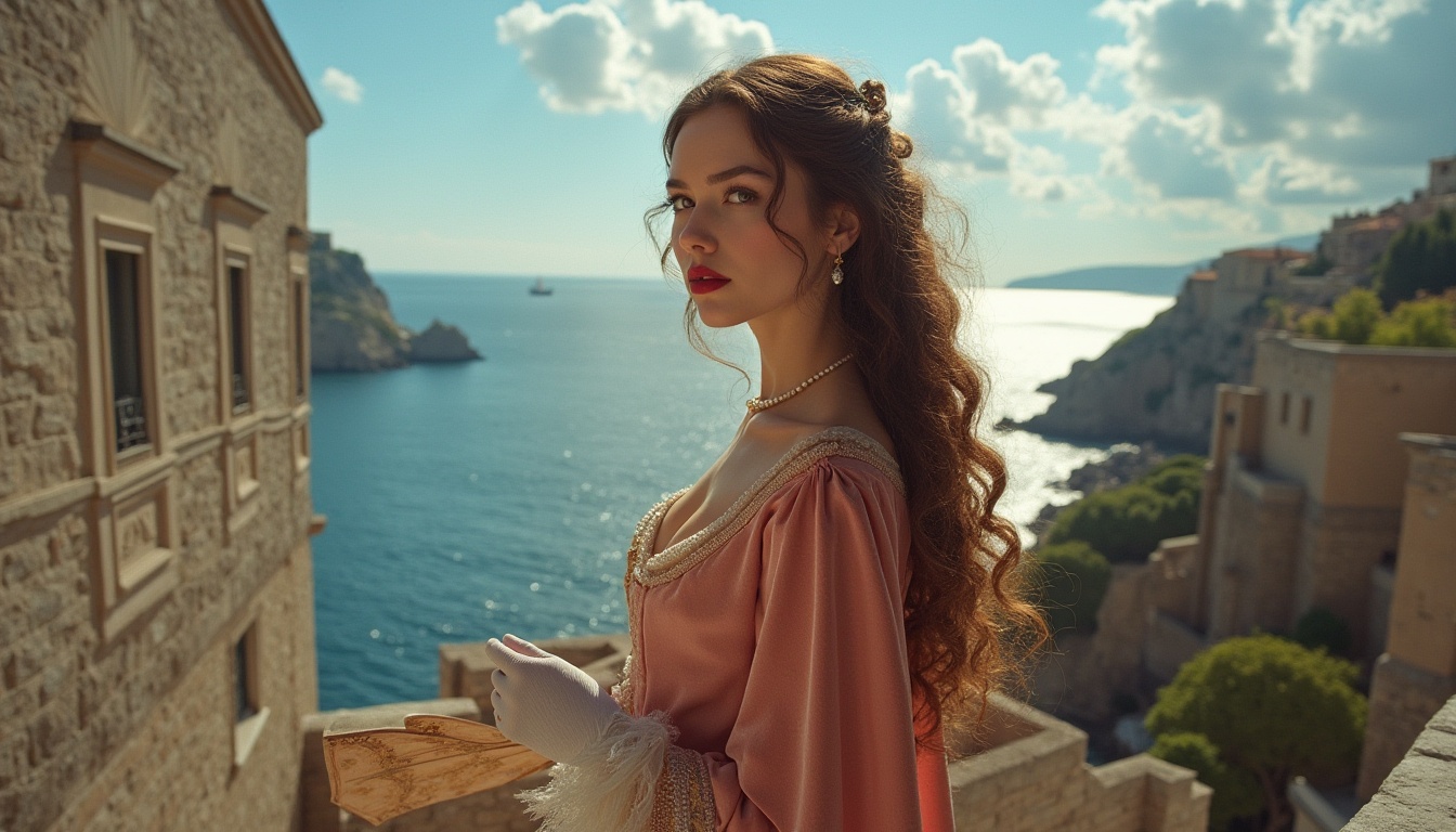 Prompt: Elegant lady, Renaissance style, solo, (25yo), curly brown hair, pearl necklace, red lips, white gloves, velvet cloak, golden brooch, holding a fan, standing, coastal scenery, Mediterranean Sea, ancient stone walls, ornate windows, seaside promenade, blue sky with puffy clouds, warm sunlight casting long shadows, dramatic cliffside, distant sailing ships, soft breeze blowing through hair, cinematic composition, 3/4 view, shallow depth of field, natural ambient light.