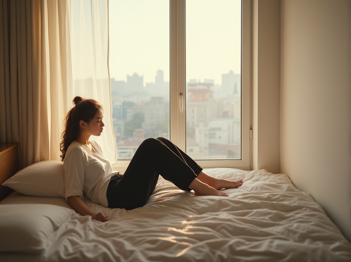 Prompt: Simple background, empty space, minimal decoration, few objects, natural light, soft shadows, a person, calm face, closed eyes, relaxed pose, plain white shirt, loose black pants, bare feet, sitting on a low-profile bed, in a small, cozy, modern apartment, with a large window, overlooking a peaceful cityscape, during the early morning, with gentle sunlight, and a subtle warm glow.