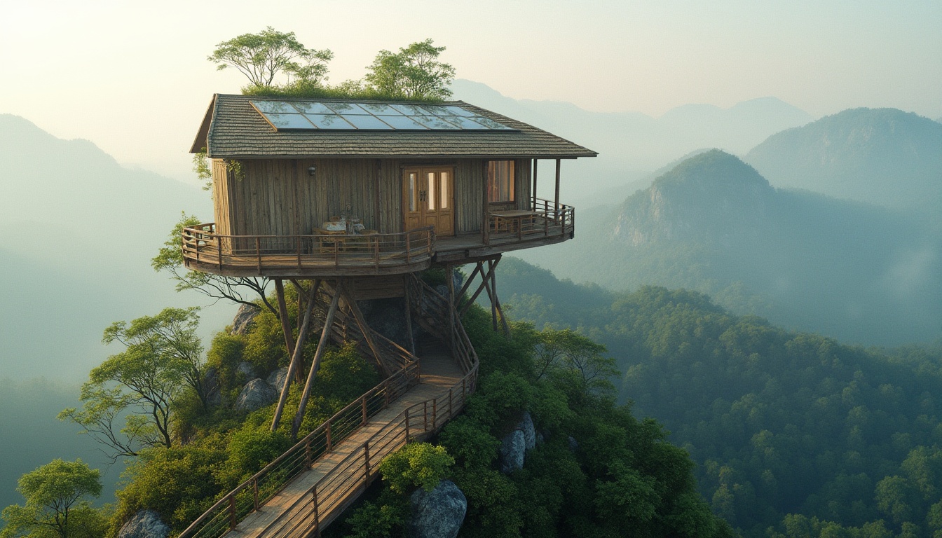 Prompt: Sustainable watching tower, eco-friendly construction, wooden structure, solar panels, green roof, living walls, recycled materials, minimal waste, natural lighting, airy interior, spiral staircase, observation deck, panoramic view, mountainside, forest surroundings, misty atmosphere, soft morning light, cinematic composition, 3/4 angle shot.