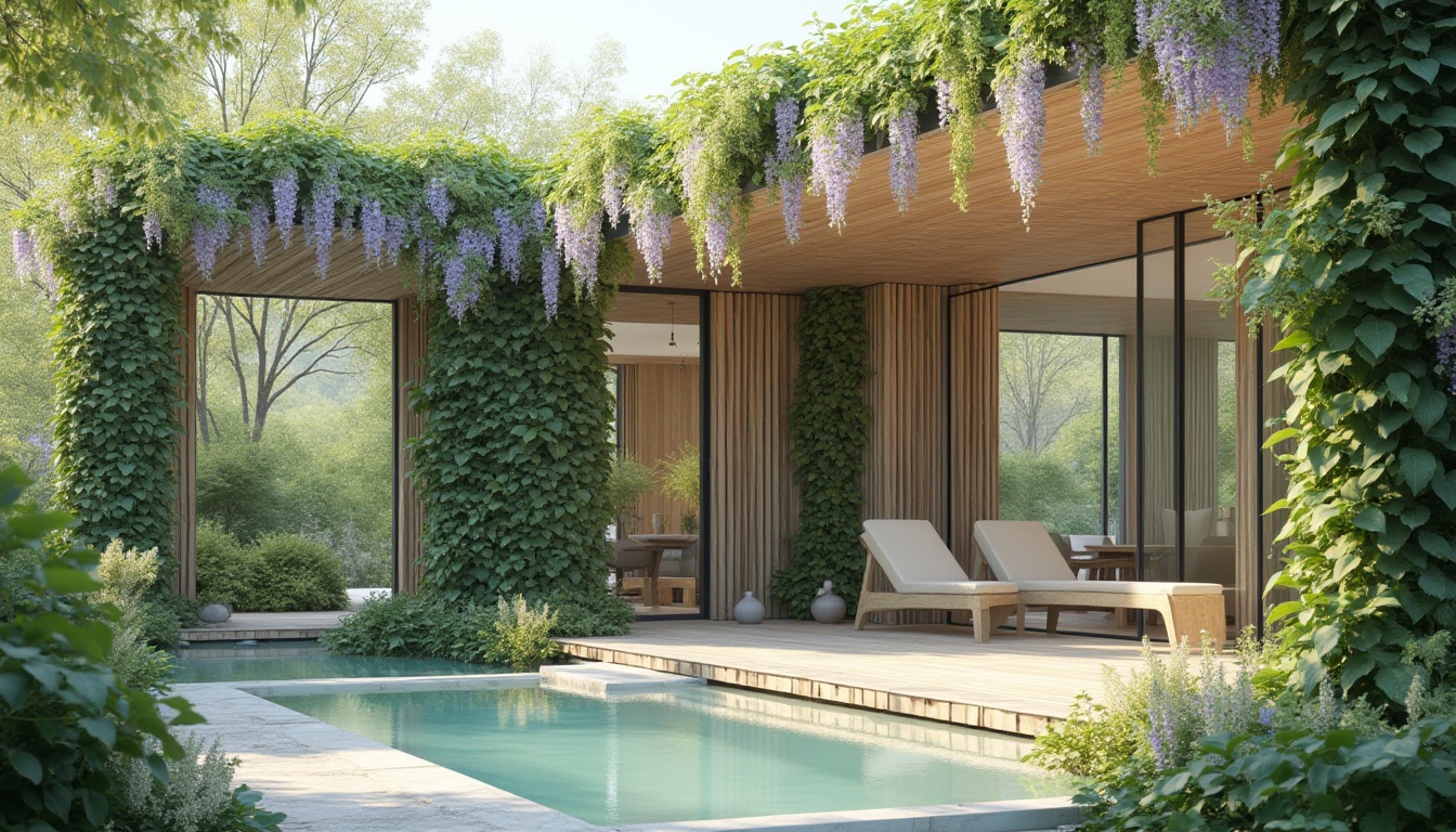 Prompt: Wisteria-inspired green architecture, lush wisteria flowers draping over the structure, pastel shades of pale green, soft mint, creamy white, and gentle lavender, blending with natural materials like reclaimed wood, living walls with vines, and glass panels, modern minimalist design, curved lines, sleek metal accents, eco-friendly, sustainable, serene atmosphere, morning dew, soft focus, warm natural light, 3/4 composition, subtle texture, shallow depth of field.