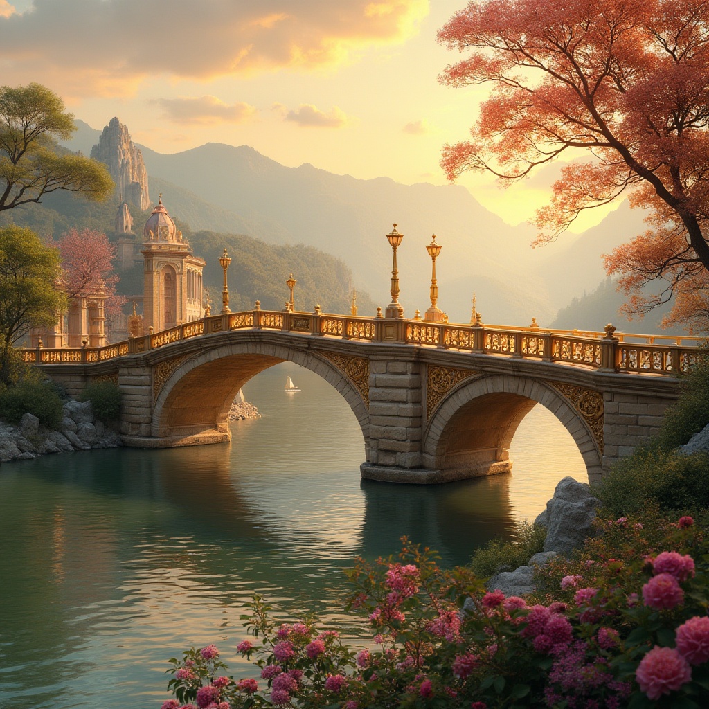 Prompt: Golden bridge, ornate details, curved arches, majestic structure, warm sunset lighting, reflections on calm water, riverbank, lush greenery, blooming flowers, vibrant colors, few sailboats drifting lazily, distant misty mountains, soft ambient glow, cinematic composition, 3/4 view, close-up of intricate carvings, golden railings, warm beige stone walls, subtle texture, gentle ripples on the water surface.