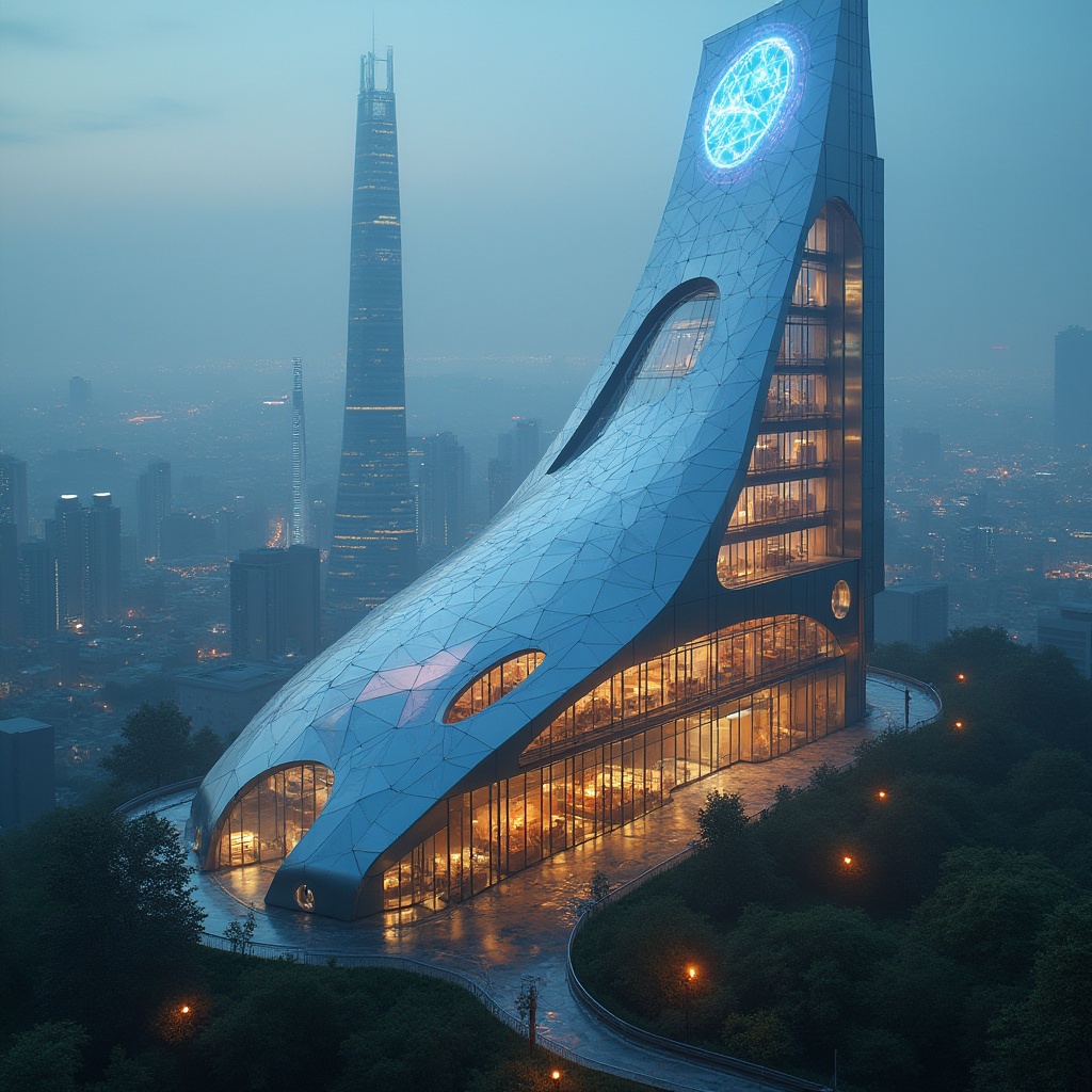 Prompt: Futuristic experimental architecture, sleek metallic structure, neon-lit LED lights, holographic projections, curved glass façade, rooftop garden, cityscape background, skyscraper, metropolitan area, dusk, misty atmosphere, 3/4 composition, low-angle shot, cinematic lighting, avant-garde design.