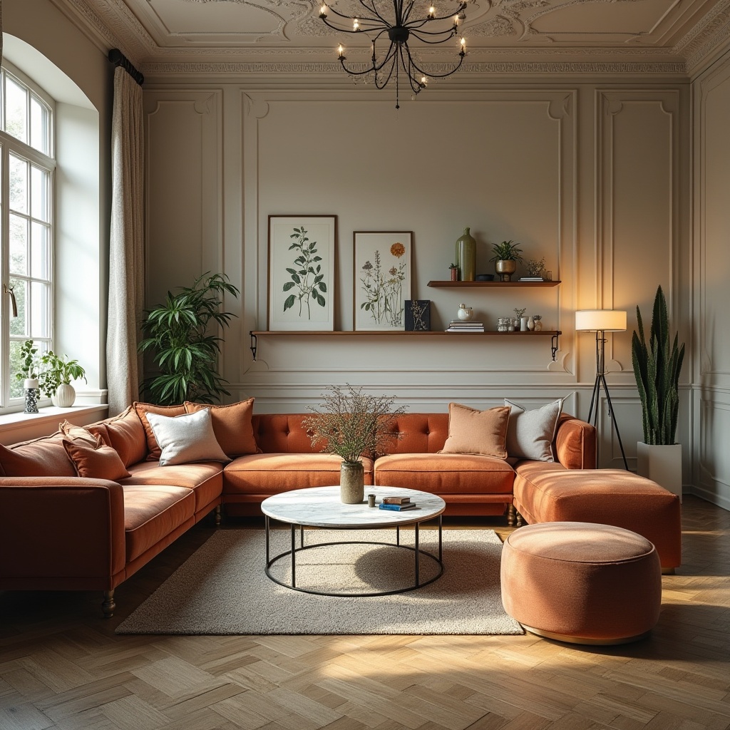 Prompt: Eclectic interior, harmonious balance, modern furniture, vintage decor, minimalist walls, ornate ceiling, natural light, warm color palette, marble coffee table, velvet sofa, distressed wood shelves, greenery, botanical prints, floor lamp, softbox lighting, shallow depth of field, warm atmosphere, inviting composition.