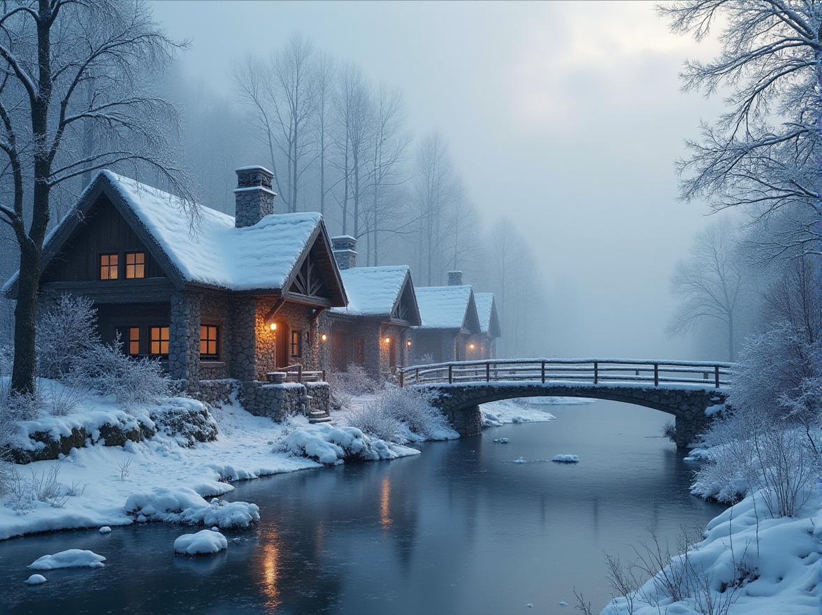 Prompt: Winter riverbank housing design, snow-covered roofs, frozen river, misty morning, frosty trees, icy branches, warm light emanating from windows, smoke rising from chimneys, cozy atmosphere, wooden bridges, snowy footprints leading to the entrance, cabin-style houses with stone walls, snowflakes gently falling, soft focus, serene composition, cinematic lighting, cold tone color palette, misty fog rolling in, peaceful ambiance.