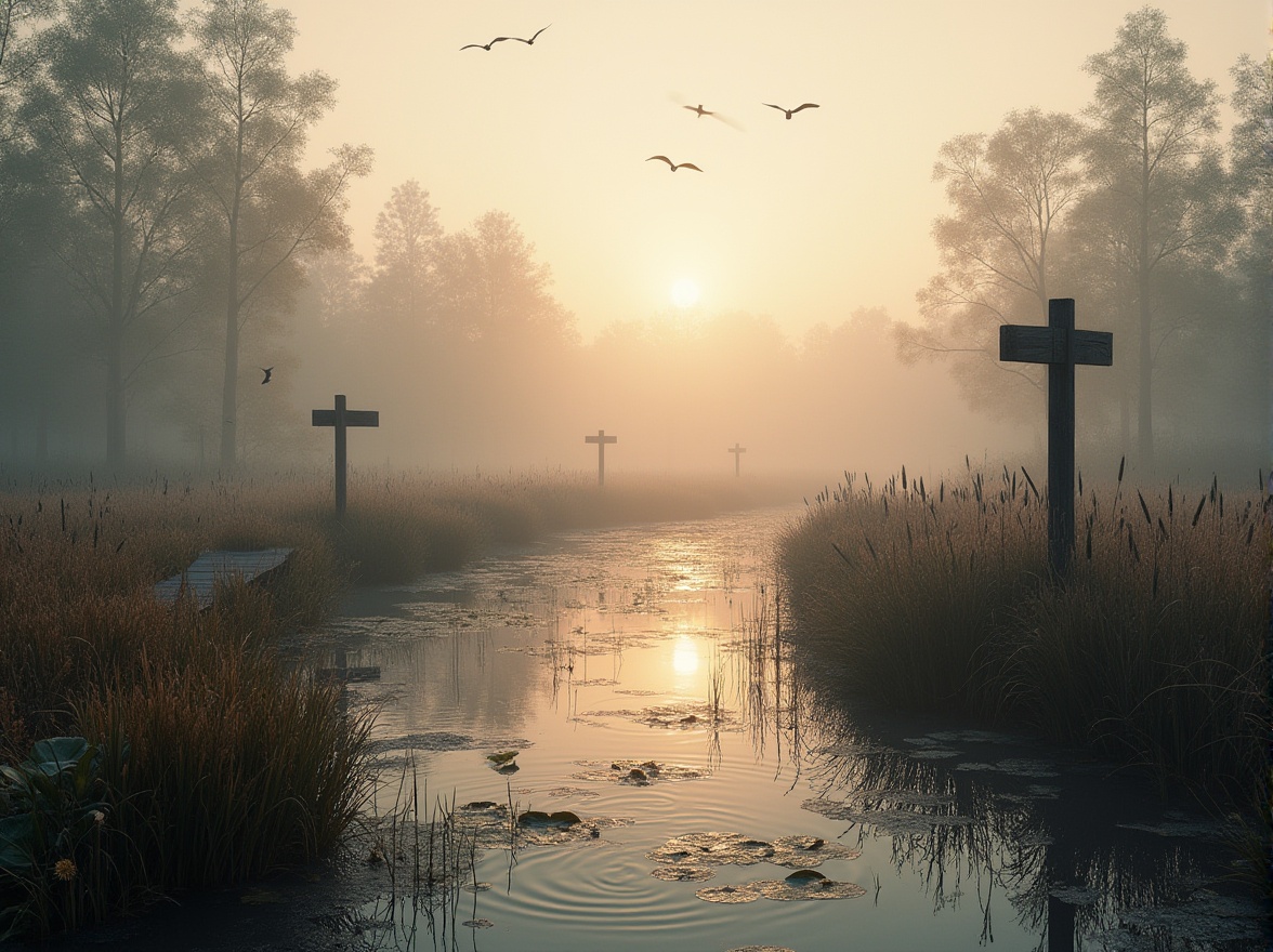 Prompt: Wetland scenery, misty morning, subtle sunlight filtering through reeds, tranquil water reflections, gentle ripples on surface, water lilies blooming, cattails swaying, wooden boardwalk winding through marsh, birds flying overhead, rustic wooden signs, natural textures, earthy tones, serene atmosphere, warm soft lighting, shallow depth of field, cinematic composition, peaceful ambiance.