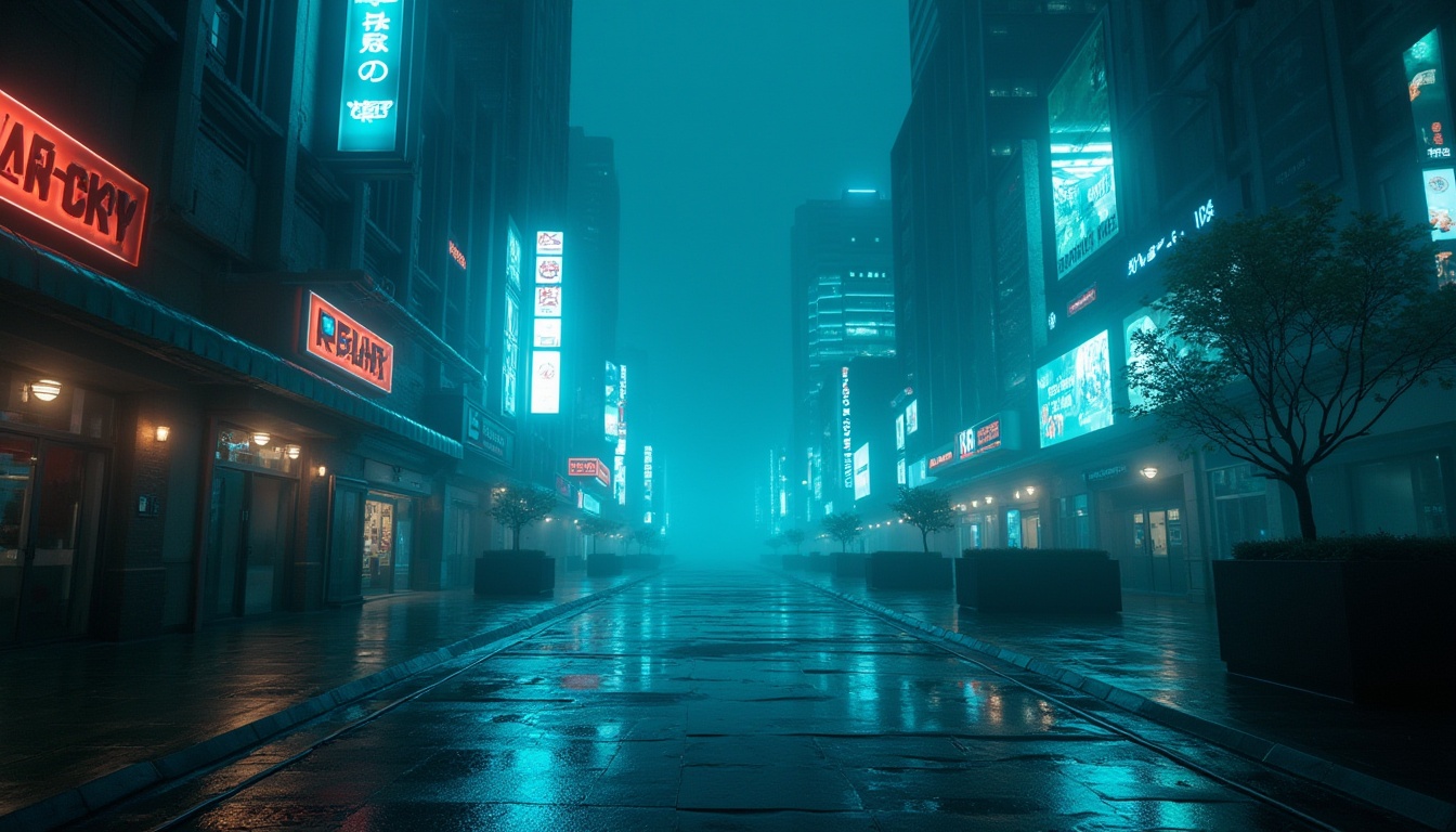 Prompt: dark cyan, mysterious, futuristic, sci-fi, neon-lit, high-tech, sleek, metallic, glossy, reflective, holographic, glowing accents, low-key lighting, atmospheric, misty, foggy, urban cityscape, skyscrapers, neon billboards, rainy night, wet pavement, puddles reflecting dark cyan hues.