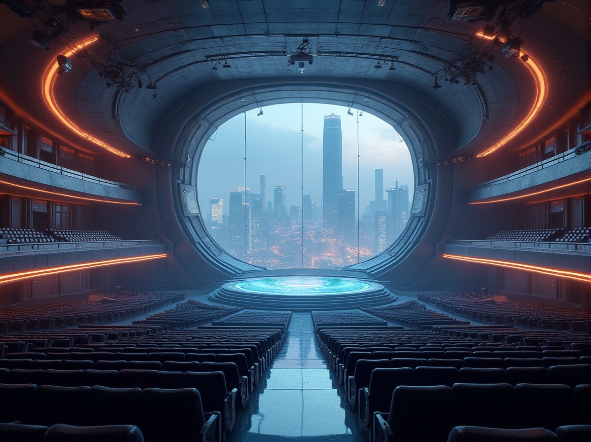 Prompt: Futuristic auditorium, fusion architecture, grandiose entrance, sleek metallic walls, glass ceiling, intricate lighting system, spotlights shining down, rows of seats, curved lines, minimalist decor, futuristic chairs, holographic projections, dynamic sound waves, panoramic city view, skyscrapers in the background, evening, misty atmosphere, ambient occlusion, cinematic composition, wide-angle lens.