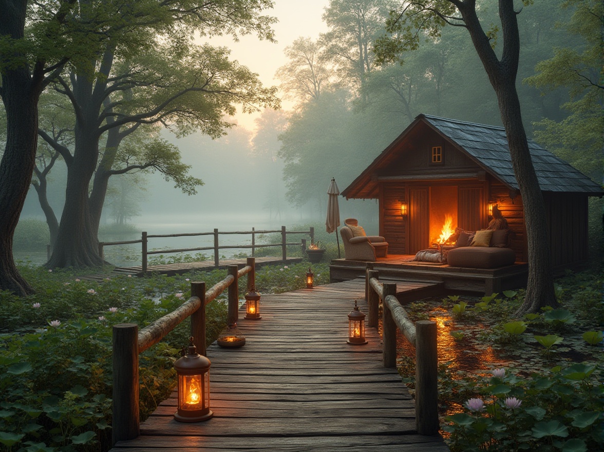 Prompt: Cozy cabin, wetland surroundings, misty morning, wooden dock, lush greenery, vibrant water lilies, winding boardwalk, rustic lanterns, soft moss, natural textiles, plush armchair, warm fireplace, crackling sounds, steam rising from hot cocoa, serene atmosphere, 3/4 composition, warm golden lighting, shallow depth of field.