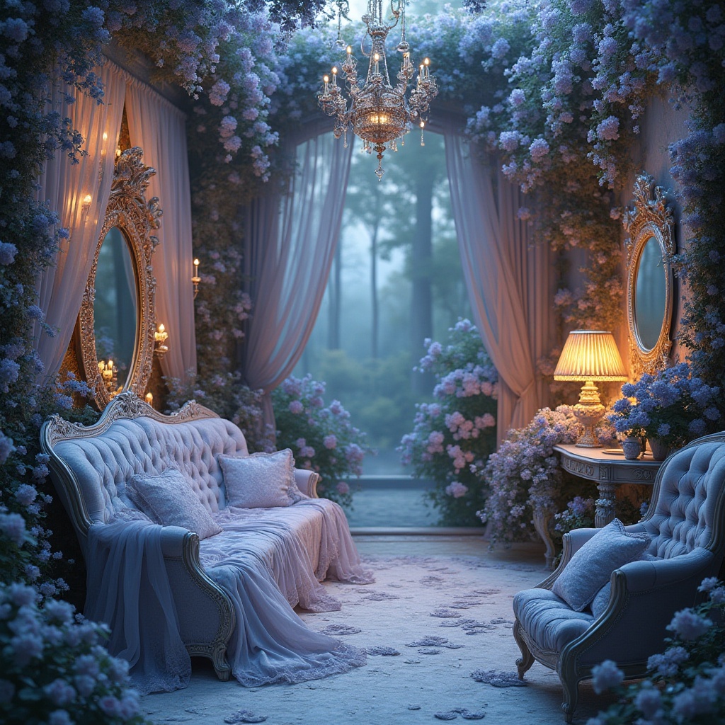 Prompt: Lavender blue art nouveau, ornate metalwork, intricate florals, flowing curves, luxurious fabrics, velvet drapes, beaded lace, ornamental glassware, soft pastel hues, delicate feminine touches, vintage romanticism, whimsical dreamscapes, mystical forest, twilight ambiance, warm golden lighting, ornate picture frames, antique furniture, lush greenery.