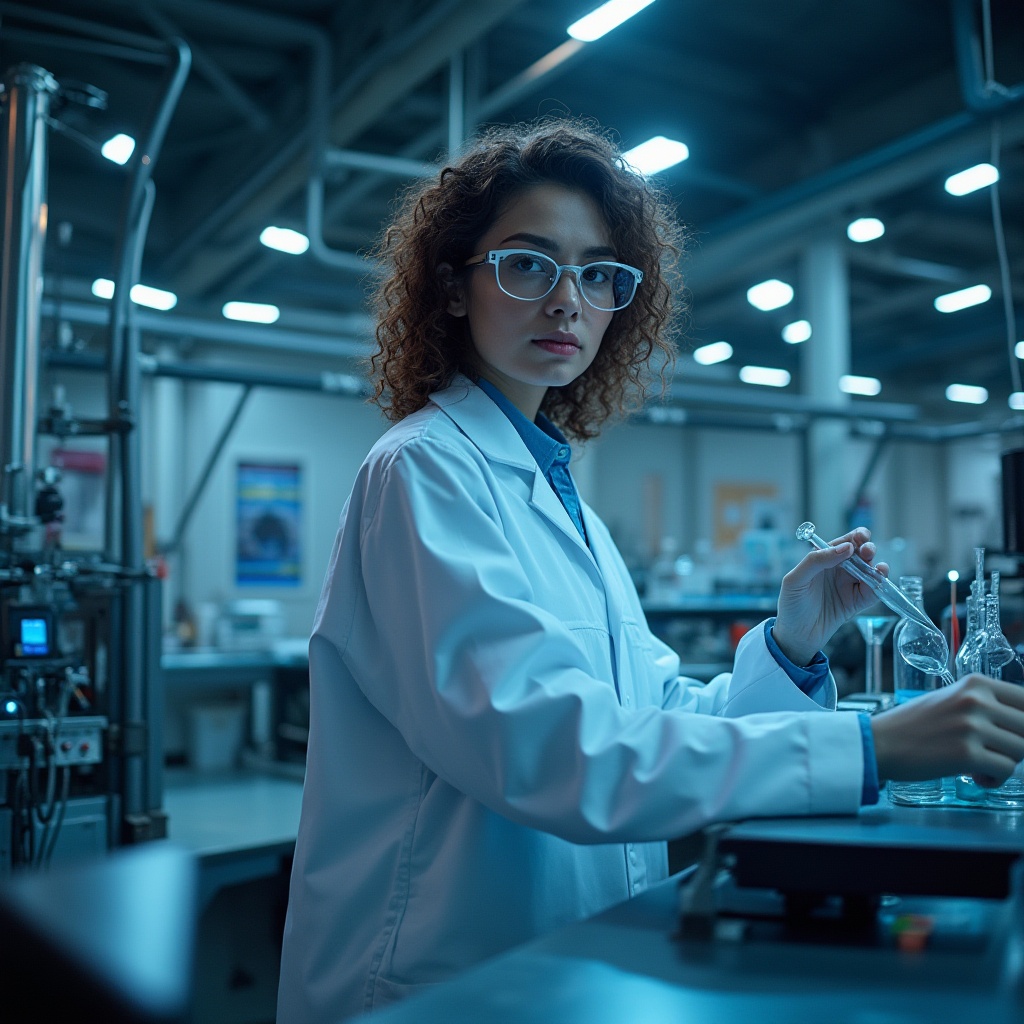 Prompt: Dark Prussian blue, industrial laboratory, futuristic equipment, metal tables, sleek machinery, glass beakers, test tubes, innovative scientist, white lab coat, goggles, curly brown hair, intense focus, hands holding pipette, bright overhead lighting, urban cityscape, modern skyscrapers, steel structure, concrete texture, 3/4 composition.