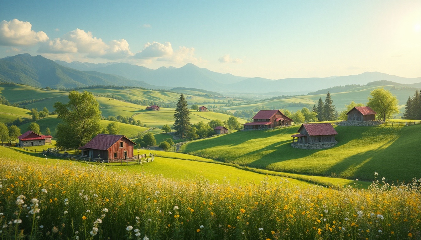 Prompt: Rustic farmland scene, countryside, rolling hills, green pastures, scattered farmhouses, red roofs, wooden fences, blooming wildflowers, tall trees, sunny afternoon, warm soft light, gentle breeze, few puffy white clouds, distant mountains, serene atmosphere, natural materials, earthy tones, blending with nature, harmonious coexistence, symmetrical composition, panoramic view, realistic, ambient light.