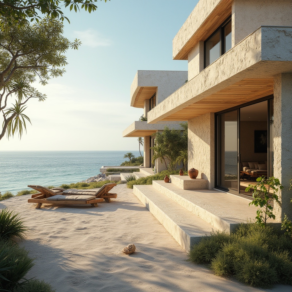 Prompt: Coastal architecture, modern villa, sandstone exterior walls, rough texture, beige color, natural material, ocean view, large windows, minimalist design, simplicity, elegance, beachside, tropical plants, palm trees, seashells, driftwood, calm atmosphere, warm sunlight, gentle sea breeze, 3/4 composition, soft focus, cinematic lighting.