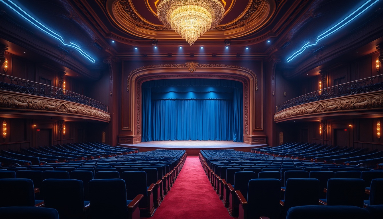 Prompt: Auditorium interior, blue accents, elegant curves, luxurious velvet seats, dark wood paneling, subtle LED strip lights, grand chandelier, majestic stage, red carpet, golden railings, ornate ceiling details, warm spotlights, 3/4 composition, low-angle shot, cinematic lighting, depth of field, realistic rendering, HDR.