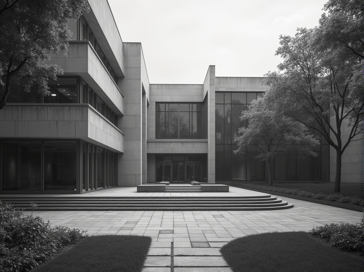 Prompt: Memorial center, Bauhaus style, solemn atmosphere, geometric shapes, clean lines, minimal ornamentation, functional design, concrete structure, steel frames, glass facades, abstract sculptures, peaceful courtyard, lush greenery, memorial walls, inscription plaques, subtle lighting, soft shadows, dramatic contrast, symmetrical composition, 3/4 view angle, cinematic mood, monochrome tone.