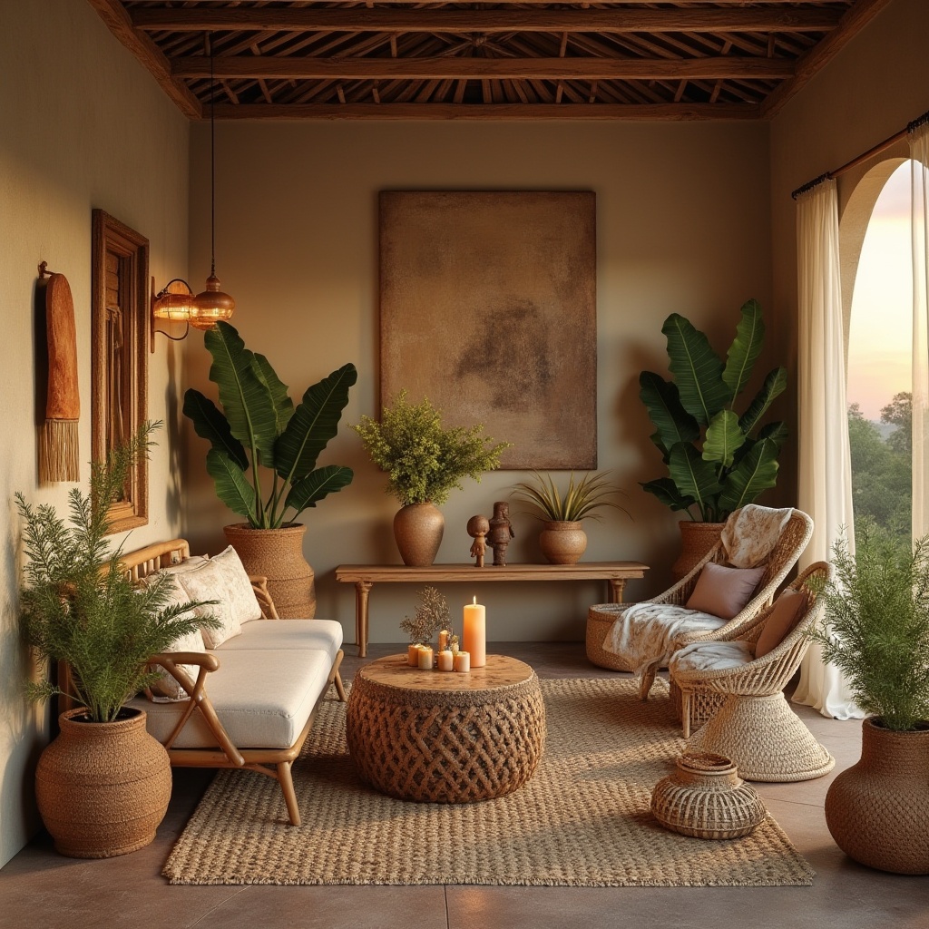 Prompt: Savannah-inspired design elements, earthy tone, natural textures, wooden accents, woven baskets, pampas grass, tropical leaves, exotic flowers, vintage rug, distressed leather, rattan furniture, warm beige walls, African patterned fabrics, ethnic accessories, sun-kissed skin, subtle lighting, warm color palette, cozy atmosphere, natural scenery, serene landscape, sunset sky.