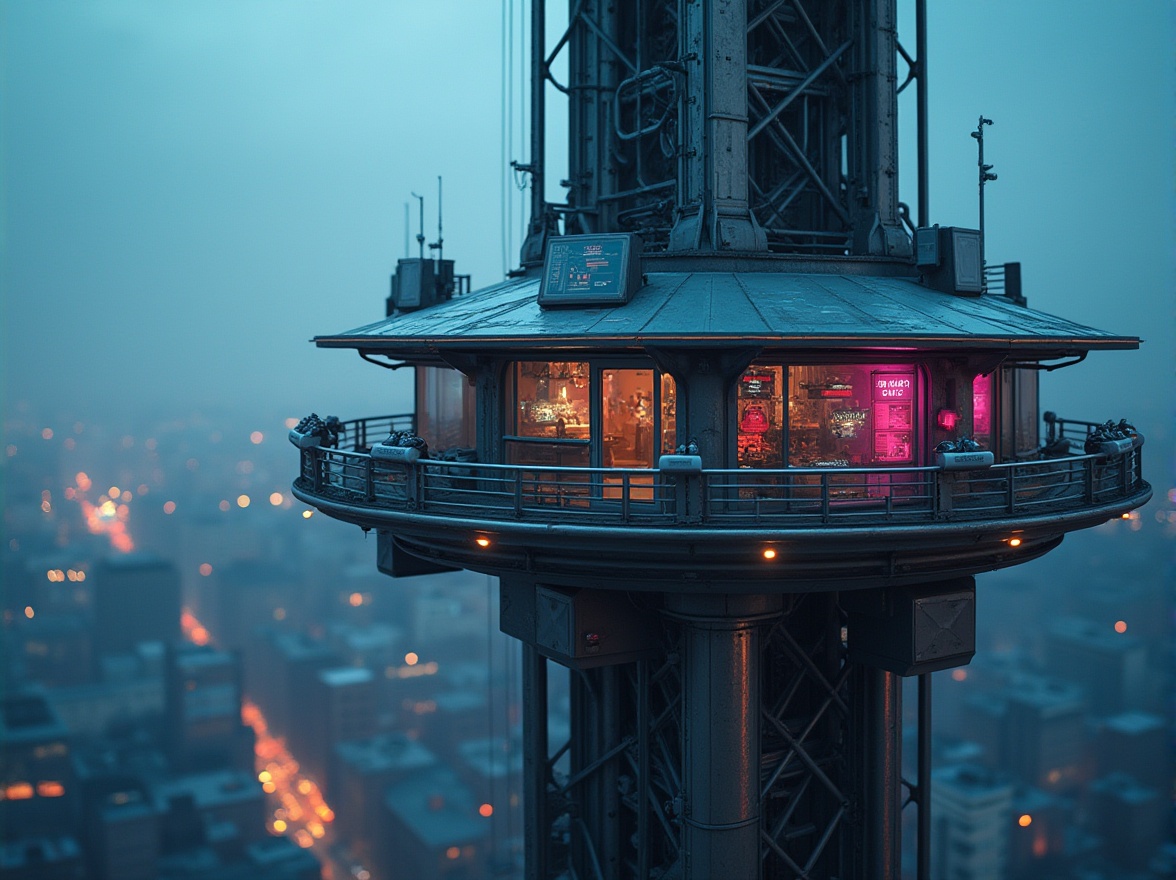 Prompt: Functionality watching tower, futuristic skyscraper, sleek metallic exterior, neon lights illuminating edges, circular observation deck, 360-degree panoramic view, high-tech binoculars mounted on railing, intricate mechanical details, LED screens displaying real-time data, steel beams, reinforced glass windows, urban cityscape in background, dusk or dawn lighting, misty atmosphere, cinematic composition, deep depth of field, high-contrast HDR.