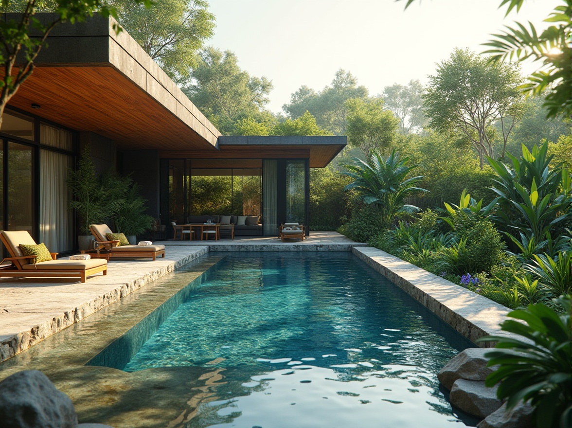 Prompt: Sustainable pool design, modern architecture, eco-friendly, rectangular shape, saltwater system, natural stone coping, solar panels, energy-efficient pumps, rainwater harvesting, green roof, lush vegetation, tropical plants, serene ambiance, warm sunlight, afternoon lighting, soft focus, shallow depth of field, tranquil atmosphere, 3/4 composition, horizontal framing.