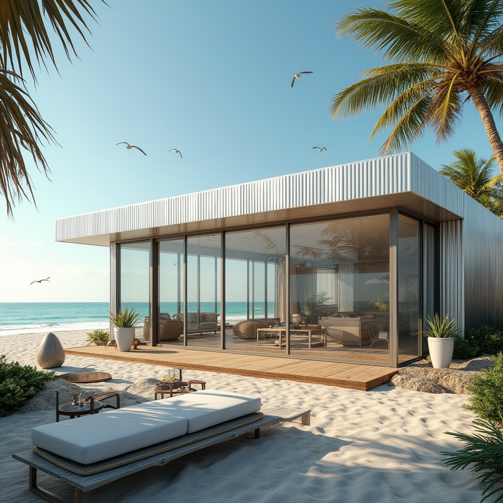 Prompt: Beach modernism villa, galvanized steel exterior, silver reflective surface, corrugated metal walls, minimalist windows, sliding glass doors, wooden deck, coastal dunes, palm trees swaying, sandy beach, turquoise ocean, sunny day, clear blue sky, few seagulls flying overhead, outdoor furniture with nautical ropes, modern sculptures, abstract art pieces, tropical plants in planters, natural texture, weathered wood accents, rustic metal decorations, panoramic view, 3/4 composition, soft warm lighting, cinematic atmosphere.