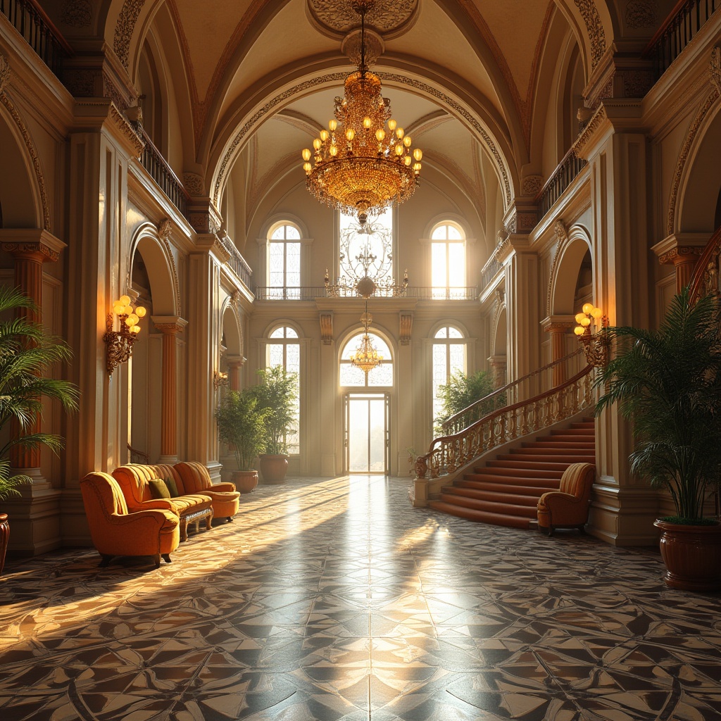 Prompt: Grand hotel lobby, Romanesque style, luxurious ambiance, high ceiling, ornate archways, carved stone columns, intricate mosaic floor, majestic chandelier, sweeping staircase, elegant furniture, velvet upholstery, golden accents, warm lighting, grand scale, dramatic composition, 3/4 view, soft focus background, warm color palette, inviting atmosphere, morning light, peaceful ambiance.