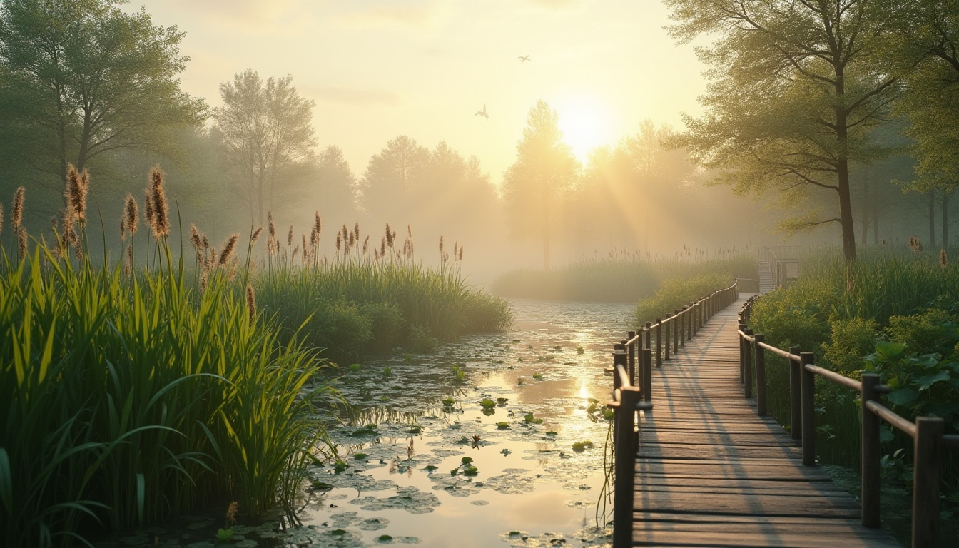 Prompt: Wetland landscape, integrating natural features, serene atmosphere, misty morning, warm sunlight filtering through reeds, cattails swaying gently, water lilies floating on calm water, wooden boardwalk, meandering path, observation deck, birdwatching, nature reserve, eco-friendly architecture, sustainable design, lush greenery, diverse aquatic life, soft focus, shallow depth of field, cinematic composition, warm color palette.