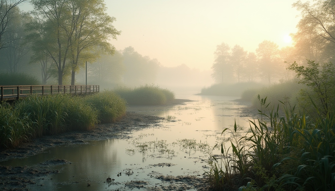 Prompt: Wetland scenery, serene atmosphere, misty morning, calm water reflection, lush green vegetation, various aquatic plants, tall reeds swaying gently, wooden boardwalk winding through the marsh, rustic railing, observation deck, birdwatching, few birds flying overhead, soft sunlight filtering through the fog, warm and cozy ambient lighting, shallow water puddles reflecting the sky, intricate root systems, natural textures, earthy tones, peaceful composition.