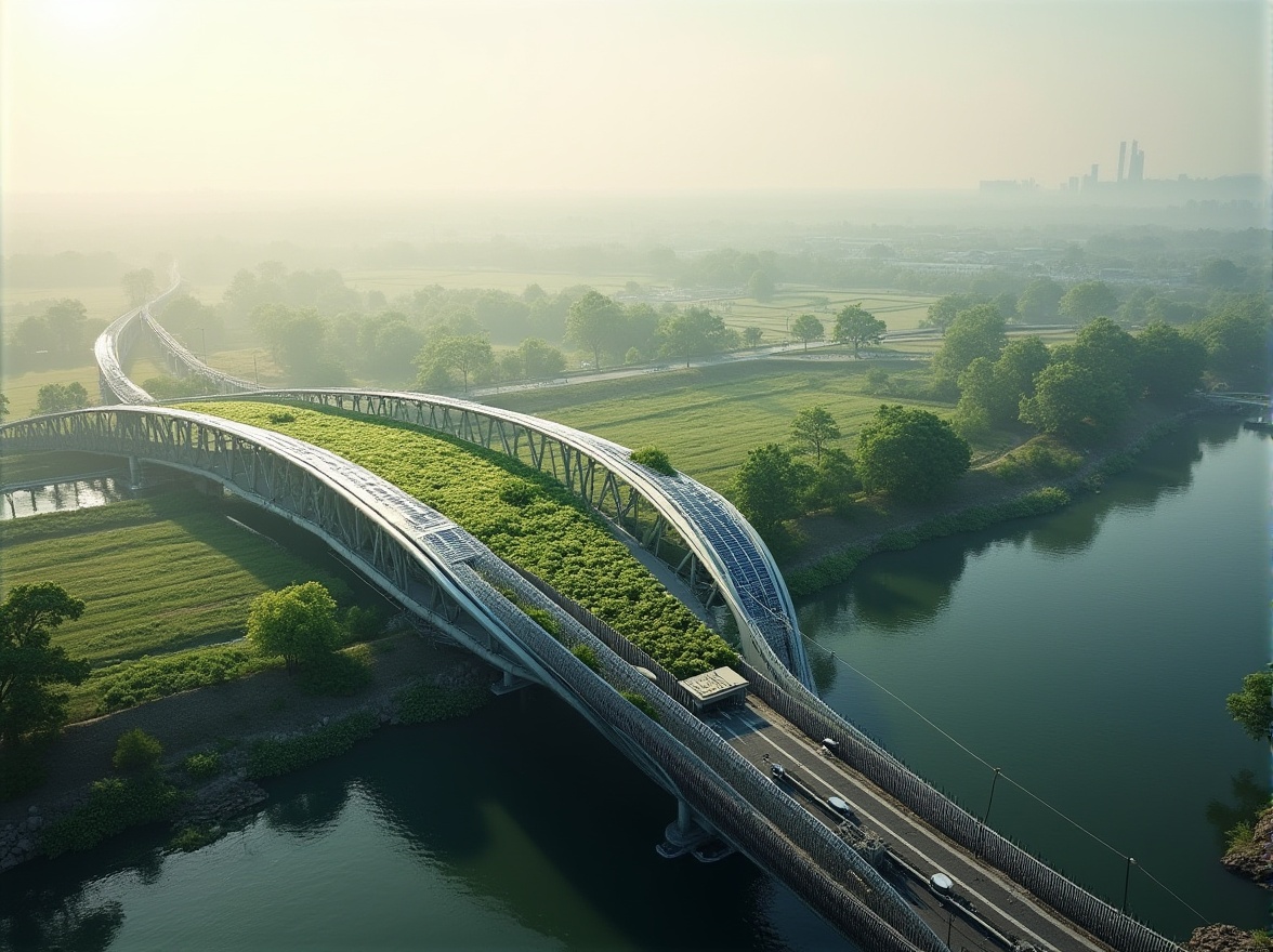 Prompt: Integrating farmland, futuristic bridge, curved lines, steel structure, green roof, solar panels, vertical farm, urban agriculture, river crossing, morning fog, misty atmosphere, soft natural light, 3/4 composition, panoramic view, shallow depth of field.