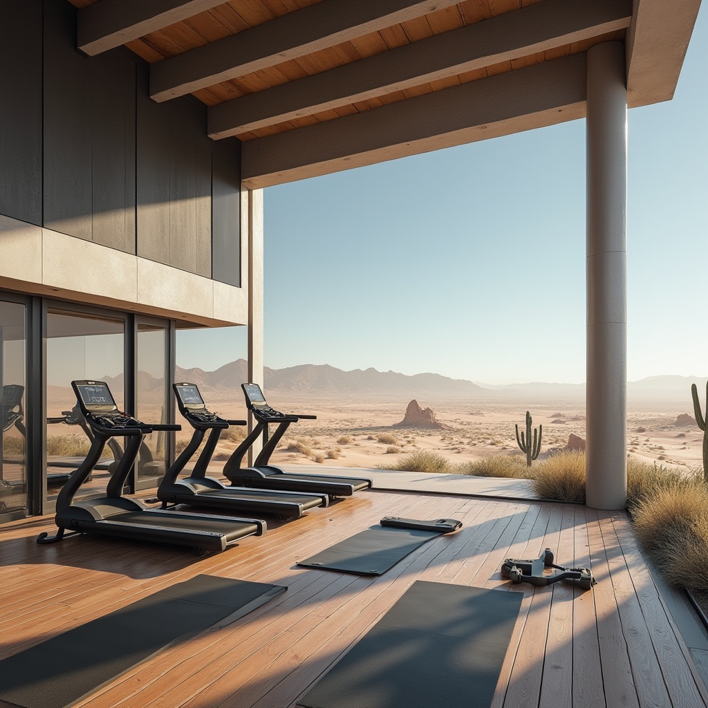 Prompt: Desert gym, modern architecture, vast sandy dunes, clear blue sky, angular lines, metallic exterior, glass walls, open spaces, minimalist interior, exercise equipment, treadmills, weights, yoga mats, mirrors, wooden floors, natural light, dramatic shadows, panoramic view, 3/4 composition, warm ambient lighting, arid landscape, cacti, distant rocky formations.