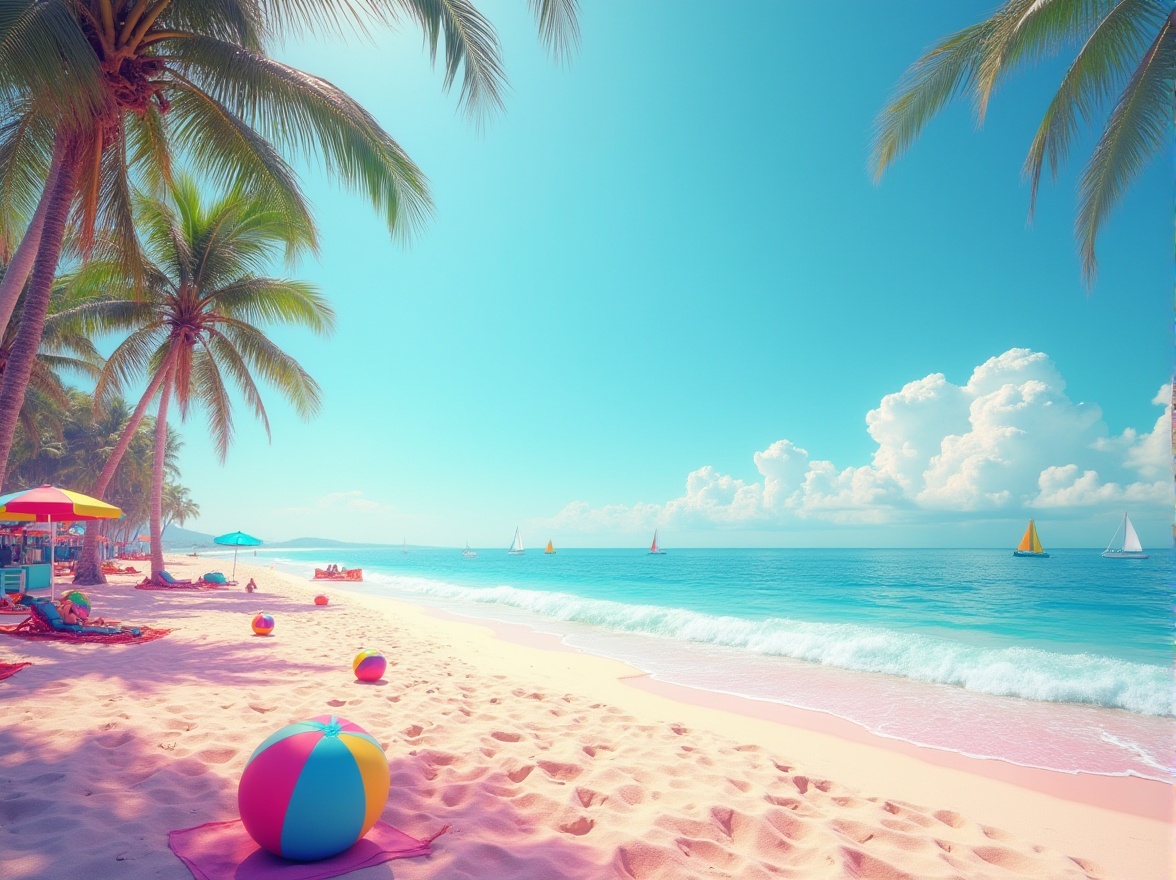 Prompt: Vibrant beach scene, heliotrope color scheme, pastel pink and purple hues, warm sunny day, clear blue sky with few white clouds, gentle ocean waves, sandy dunes, tropical palm trees swaying, beach balls and inflatables scattered, colorful sailboats bobbing in the distance, a few people relaxing on beach towels or playing in the shallow water, vibrant beach umbrellas, heliotrope-colored lifeguard towers, 3/4 composition, low-angle shot, soft warm lighting, cinematic ambiance.