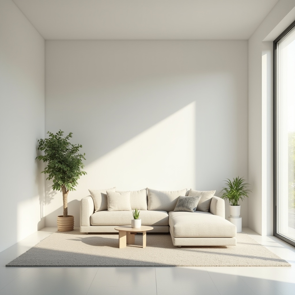 Prompt: Minimalist suburban interior, empty walls, plain white floor, modern low-profile sofa, monochromatic color scheme, natural light pouring in through large windows, subtle texture from beige carpet, simple geometric coffee table, few potted plants, calm ambiance, 3/4 composition, softbox lighting, morning sunlight.