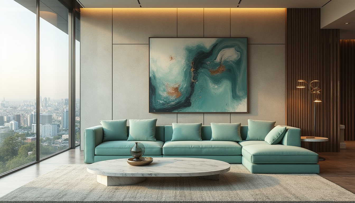 Prompt: Celadon color, modern interior design, luxurious living room, velvet sofa, marble coffee table, abstract artwork, floor-to-ceiling windows, panoramic city view, 3/4 composition, soft warm lighting, golden ratio, minimalist decor, elegant atmosphere, ambient occlusion, HD texture, detailed fabric, subtle reflection.