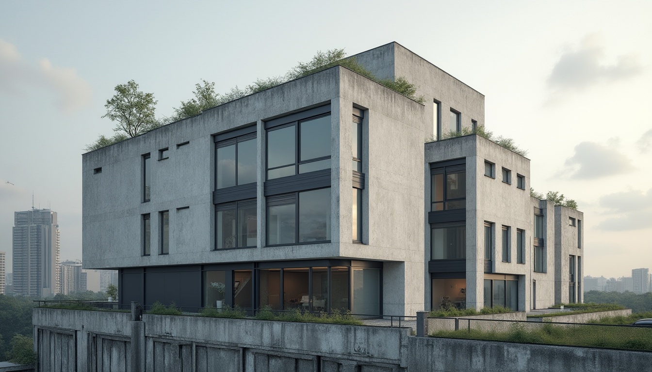 Prompt: Modern building, urban landscape, plastered concrete structure, clean lines, minimalist design, large windows, industrial chic, brutalist architecture, urban cityscape, cloudy sky, soft natural light, low-angle shot, 3/4 composition, detailed texture, rough concrete surface, steel beams, metal frames, greenery on rooftop, city life, metropolitan atmosphere.