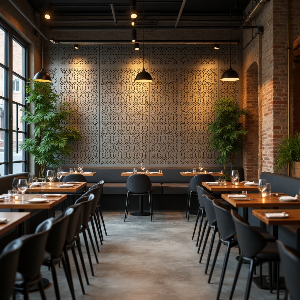 Prompt: Modern restaurant interior, perforated metal walls, industrial chic, urban vibe, warm lighting, metallic sheen, intricate patterns, 3/4 composition, shallow depth of field, background blur, foreground focus, wooden tables, minimalist chairs, greenery, potted plants, sleek lines, metallic accents, rustic textures, atmospheric mist, softbox lighting, afternoon ambiance.