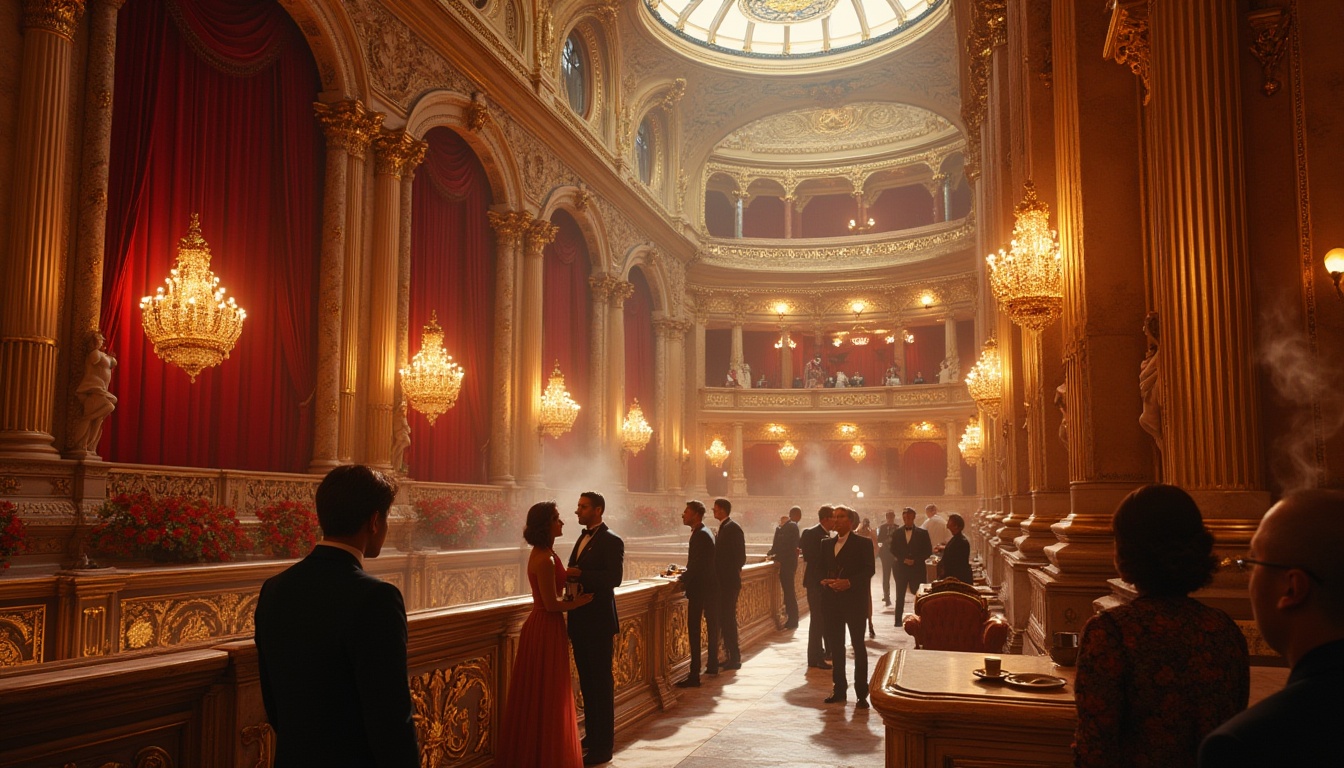 Prompt: Grand, luxurious opera house, ornate details, Baroque architecture, golden decorations, red velvet curtains, crystal chandeliers, marble floors, grand staircase, majestic columns, high ceilings, dramatic spotlights, evening scene, warm lighting, cinematic composition, 3/4 view, people in tuxedos and evening gowns, champagne glasses, subtle steam rising from coffee cups, intricate patterns on the walls, statues of mythological figures, flowers arrangements, soft focus background.