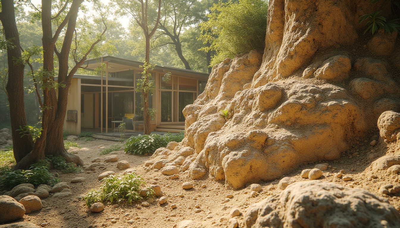 Prompt: Natural, earthy mud material, organic texture, rough, uneven, natural patterns, warm beige color, rustic, outdoors, garden, forest, eco-friendly, sustainable design, modern architecture, villa, residential, green roof, vertical garden, 3/4 composition, soft natural light, realistic, ambient occlusion, cinematic mood.