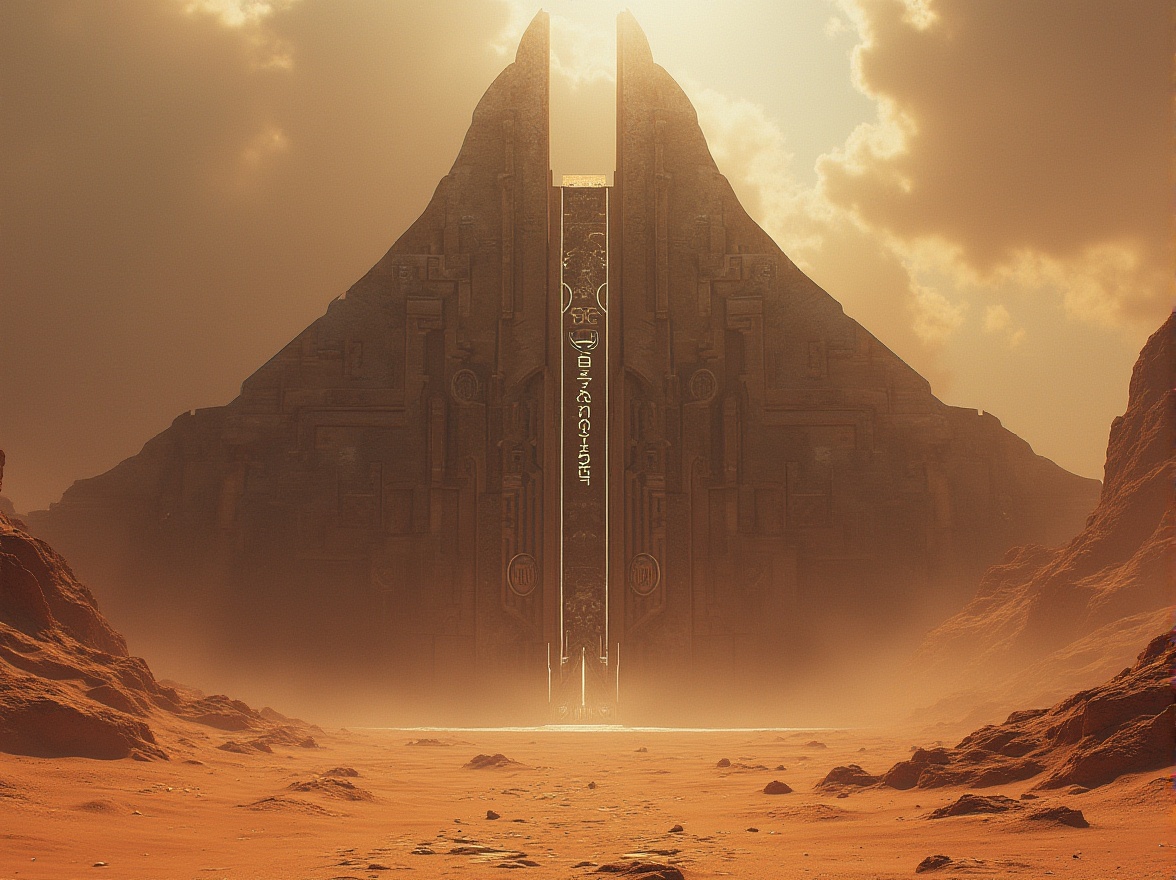 Prompt: Desert monument, futuristic architecture, sandy dunes, monumental structure, intricately carved stone walls, ancient mystical symbols, glowing neon accents, metallic reflective surfaces, sharp angular lines, imposing grandeur, dramatic shadowing, warm golden lighting, misty atmospheric effects, 3/4 composition, low-angle shot, cinematic mood, sci-fi ambiance.