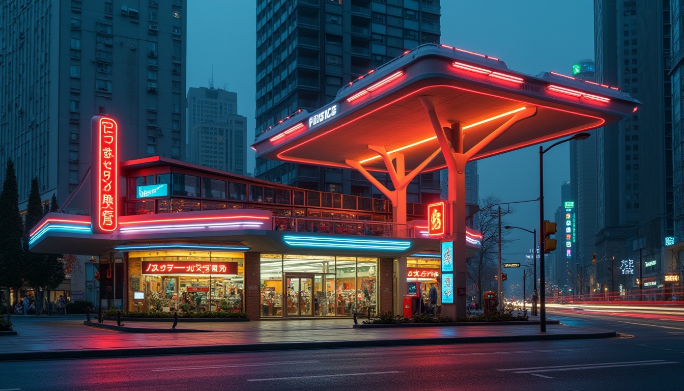 Prompt: Postmodern gas station, neon lights, vibrant colors, bold geometric shapes, retro-futuristic, cantilevered roof, irregular angles, asymmetrical facade, eclectic mixture of materials, glass, steel, concrete, brick, abstract sculpture, angular pillars, bold typography, urban setting, cityscape, metropolitan atmosphere, busy streets, traffic, pedestrians, night scene, warm glow, moody lighting, 3/4 composition, cinematic angle, low-angle shot.