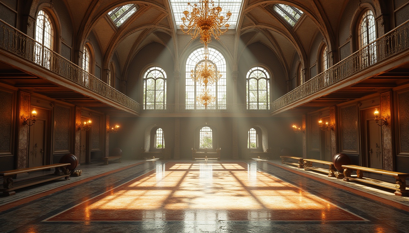 Prompt: Byzantine style gymnasium, grand interior, high ceilings, ornate chandeliers, mosaic floors, arches, columns, stained glass windows, transparent glass roof, natural light pouring in, warm ambiance, luxurious atmosphere, marble benches, intricately carved wooden panels, athletic equipment, parallel bars, balance beams, exercise balls, mirrors, spotlights, dramatic shadows, symmetrical composition, ornate details, rich textures, realistic lighting, cinematic mood.