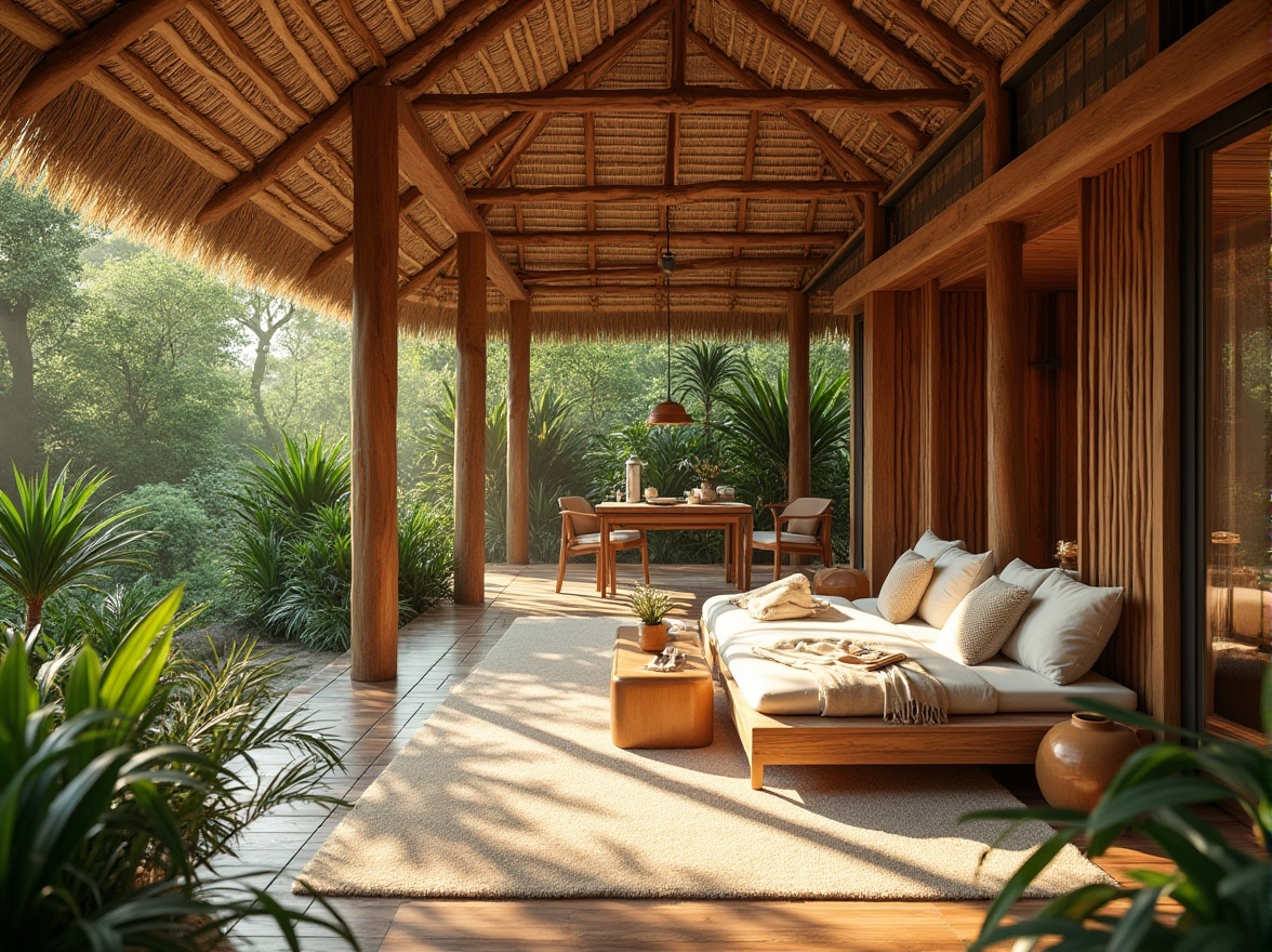 Prompt: Thatched roof, modern villa, natural material, rustic charm, earthy tone, greenery surroundings, sunlight filtering through, warm ambiance, cozy atmosphere, wooden furniture, woven textiles, nature-inspired decor, organic shape, eco-friendly design, sustainable architecture, 3/4 composition, soft focus, warm lighting.