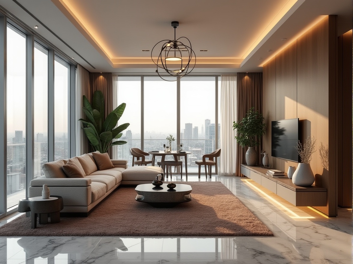 Prompt: Modern luxurious living room, minimalist chic, stylish furniture, sleek lines, marble floor, high ceiling, large windows, city skyline view, elegant chandelier, ambient lighting, 3/4 composition, warm neutral color palette, plush area rug, modern art piece, abstract sculpture, decorative vases, greenery, natural texture, sophisticated atmosphere.