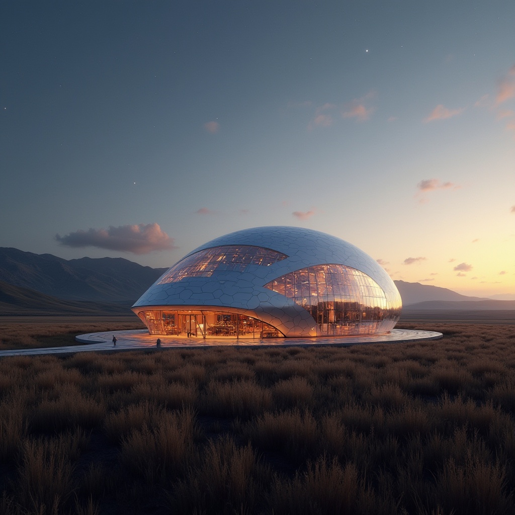 Prompt: Futuristic performing arts center, rural area, modern architecture, glass facade, metallic structure, LED lights, evening view, starry sky, surrounded by hills, vast plains, wheat fields, sunset glow, warm lighting, inside