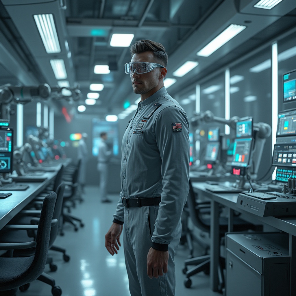 Prompt: Futuristic high-tech laboratory, metallic gray walls, neon-lit floor tiles, sleek silver machines, holographic screens displaying data streams, robotic arms assembling microchips, minimalist gray and black furniture, modern gray jumpsuits with utility belts, futuristic glasses with augmented reality displays, sharp jawline, determined facial expression, intense backlighting, shallow depth of field, cinematic composition, low-angle shot, metallic reflections, industrial atmosphere.