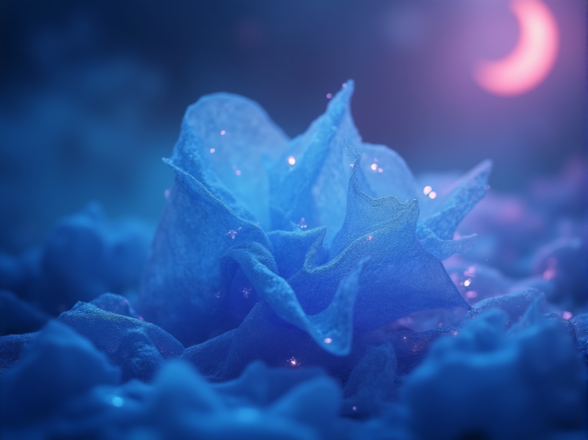 Prompt: Ethereal, mystical atmosphere, incorporating blue and violet colors, shimmering fabrics, glowing accents, luminous aura, soft focus, whimsical composition, dreamy lighting, gentle curves, flowing silhouette, intricate patterns, delicate lace, mysterious background, foggy mist, twilight ambiance, celestial bodies, stars twinkling, crescent moon, subtle sparkle, romantic mood.