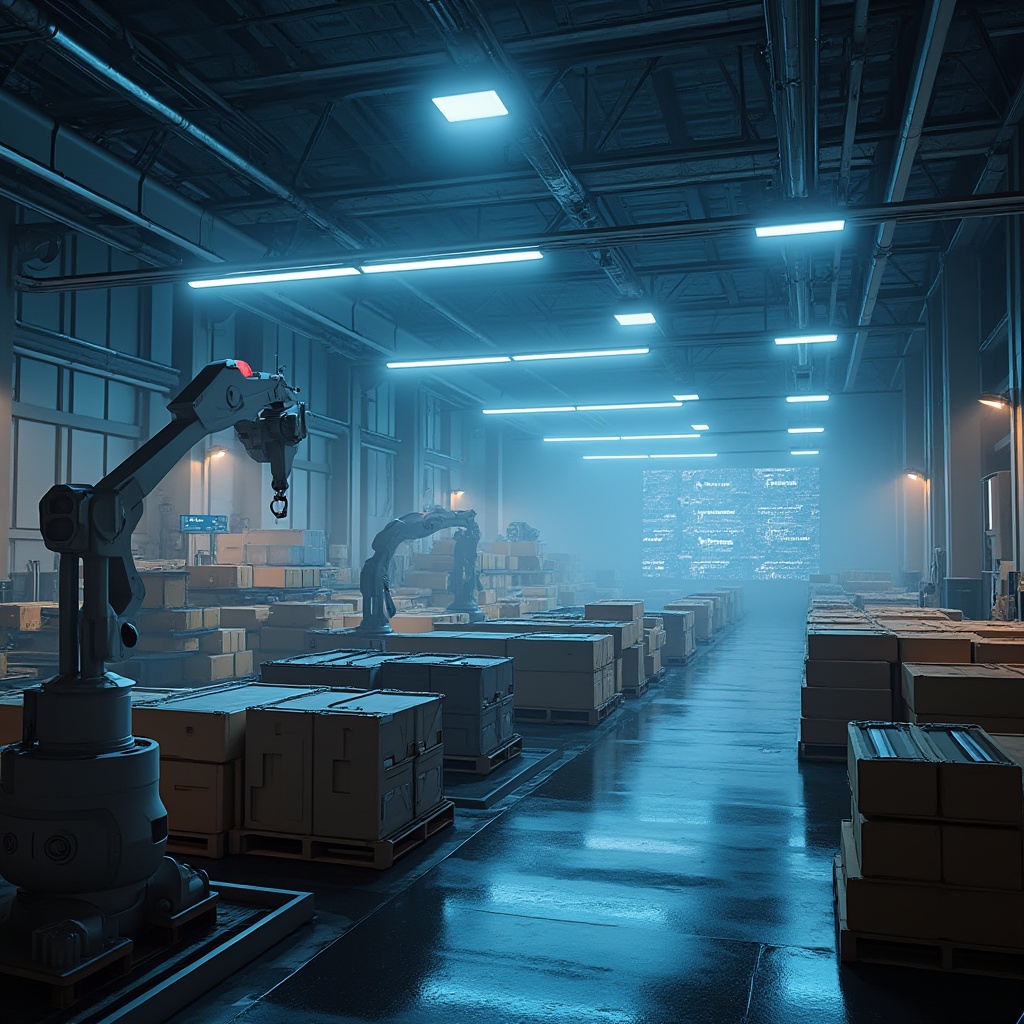 Prompt: Futuristic distribution center, high-tech style, neon lights, metallic structures, robotic arms, conveyor belts, crates and boxes stacked, sleek computers, holographic displays, virtual screens, minimalist chic, industrial atmosphere, dim ambient lighting, misty fog effect, shallow depth of field, 3/4 composition, panoramic view, angular lines, reflective surfaces, steel beams, modern architecture, urban cityscape, night scene.