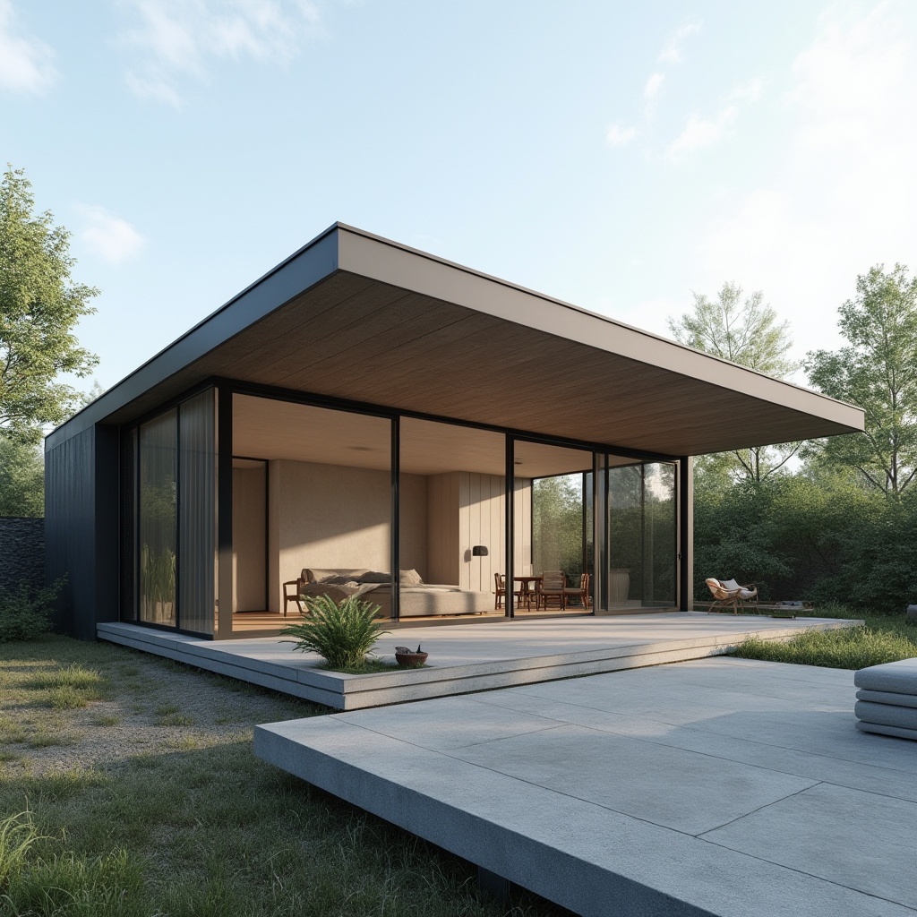 Prompt: Modern pavilion, geometric shape, clean lines, minimal ornamentation, functional simplicity, rectangular form, flat roof, large windows, sliding glass doors, steel frame structure, concrete foundation, minimalist interior design, industrial materials, neutral color palette, natural lighting, open floor plan, flexibility of space, functionality emphasized, no clutter, emphasis on usability, simple yet elegant, 3/4 composition, softbox lighting, architectural photography, high contrast, dramatic shadows.