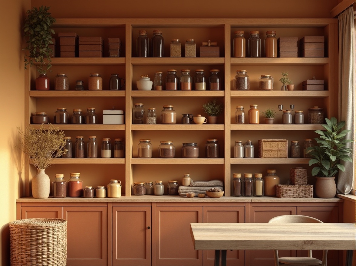 Prompt: Warm chocolate brown, creamy beige, rich cocoa red, golden yellow, modern minimalistic shelves, neatly stacked packaged goods, glass jars with wooden lids, wicker baskets, rustic wooden tables, softbox lighting, 3/4 composition, shallow depth of field, inviting atmosphere, cozy corner, warm earthy tones, natural textures.