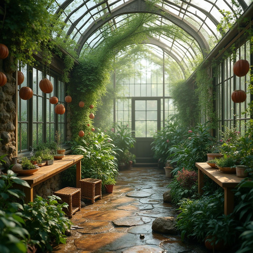 Prompt: Vibrant heliotrope greenhouse, lush greenery, exotic plants, rare flowers, delicate tendrils, curved glass roof, steel frames, rustic wooden accents, natural stone walls, misty atmosphere, soft warm lighting, dew droplets on leaves, gentle water spray, whimsical decor, antique gardening tools, woven wicker furniture, earthy tones, moss-covered stones, serene ambiance, 3/4 composition, shallow depth of field.