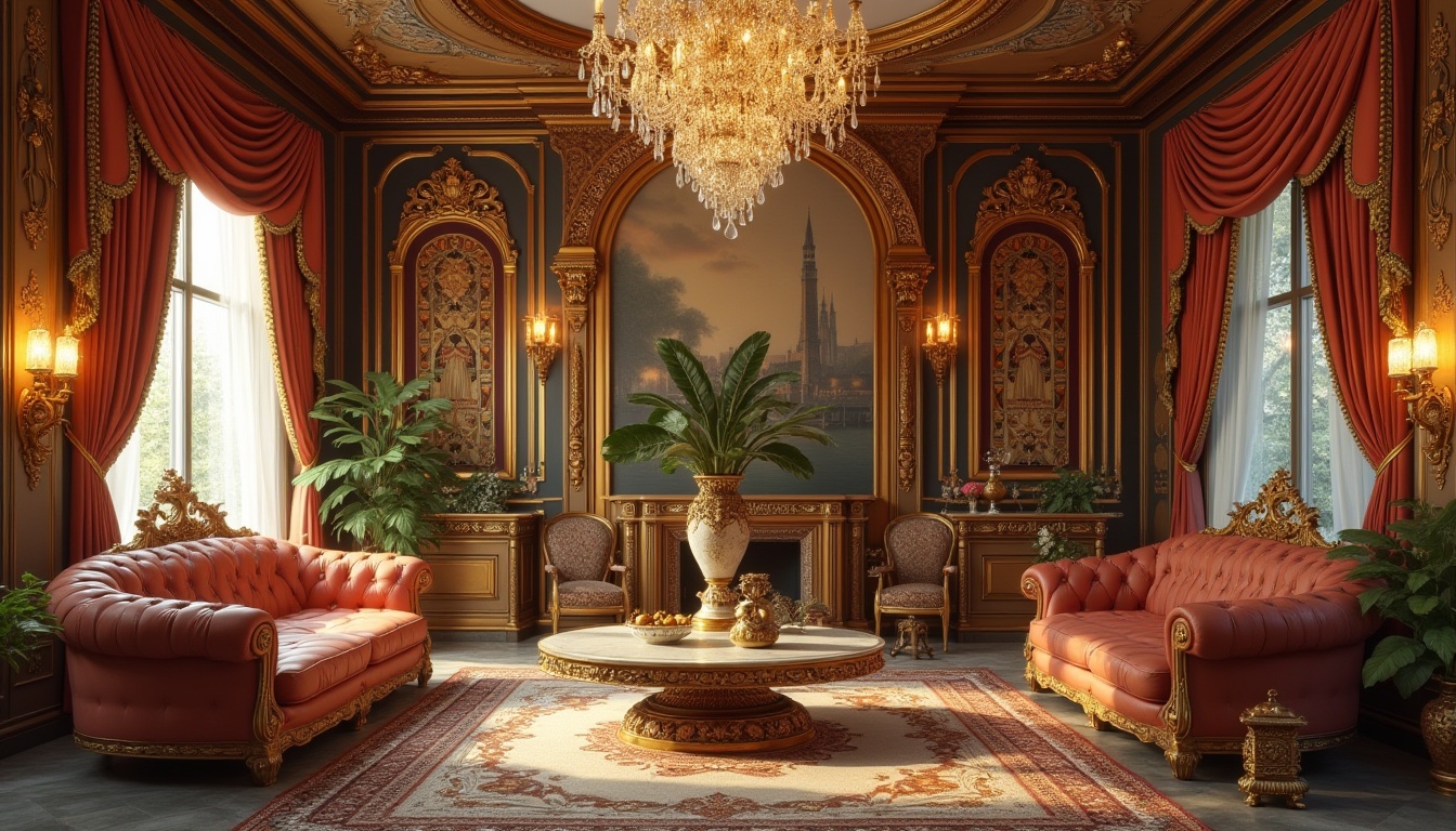 Prompt: Art Nouveau design, luxurious interior, ornate decorative details, intricate patterns, golden frames, lavish furnishings, velvet drapes, grand chandelier, crystal drops, exquisite vase, sculpted sand-casted materials, bronze statue, marble table, intricate carvings, warm ambient lighting, soft focus, 3/4 composition, Renaissance-inspired architecture.