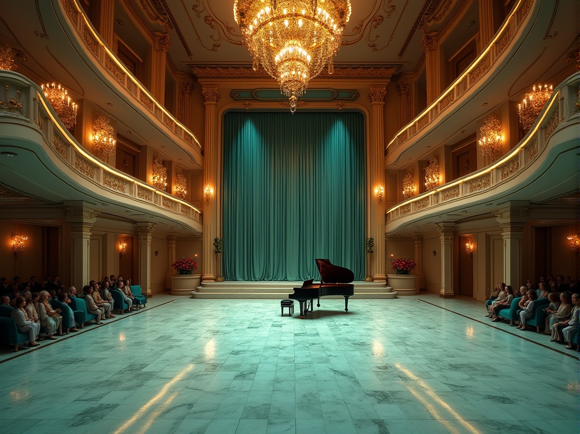 Prompt: Concert house interior, mint color tiles, elegant marble floors, grand piano center stage, luxurious velvet curtains, golden chandeliers, ornate wooden walls, lavish furniture, softbox lighting, warm atmosphere, sophisticated audience, evening event, 3/4 composition, shallow depth of field, realistic textures, high-end material, detailed architecture.