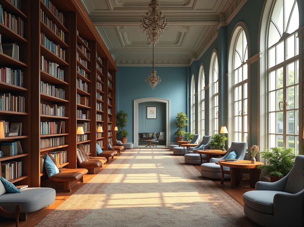 Prompt: Cozy library interior, sky blue accent wall, large floor-to-ceiling windows, abundant natural light, wooden bookshelves, ladders with metal railings, comfortable reading nooks, plush cushions, oval-shaped tables, ergonomic chairs, warm lighting, soft carpet, intricate moldings, high ceilings, grand chandeliers, serene atmosphere, warm afternoon, subtle shadows, realistic textures, 3/4 composition, shallow depth of field.