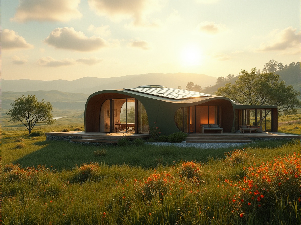 Prompt: Modern eco-friendly villa, curved lines, green roof, solar panels, large windows, wooden decks, overlooking natural meadows, wildflowers blooming in vibrant colors, tall grasses swaying gently, few trees scattered around, serene landscape, warm sunlight, soft ambient lighting, 3/4 composition, shallow depth of field, cinematic atmosphere, peaceful ambiance.